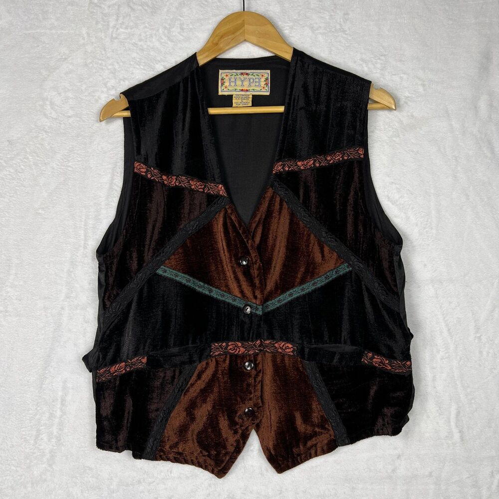 Vintage 90s Hype Patchwork Velvet Vest Tapestry Lace Trim Whimsigoth Boho Size L